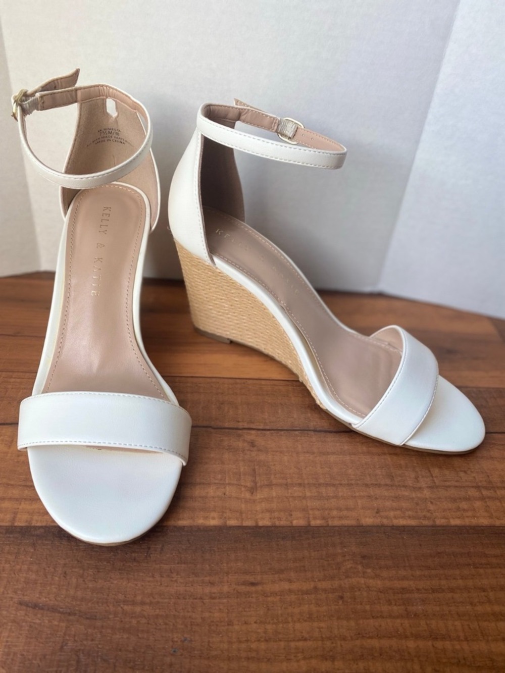 Kelly & Katie White Ankle-Strap Wedge Sandals